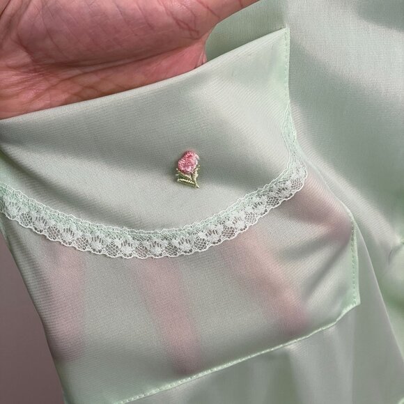 Vintage Womens Robe Housecoat Button Up Size M Lace Trim Chiffon Rockabilly - Picture 9 of 14